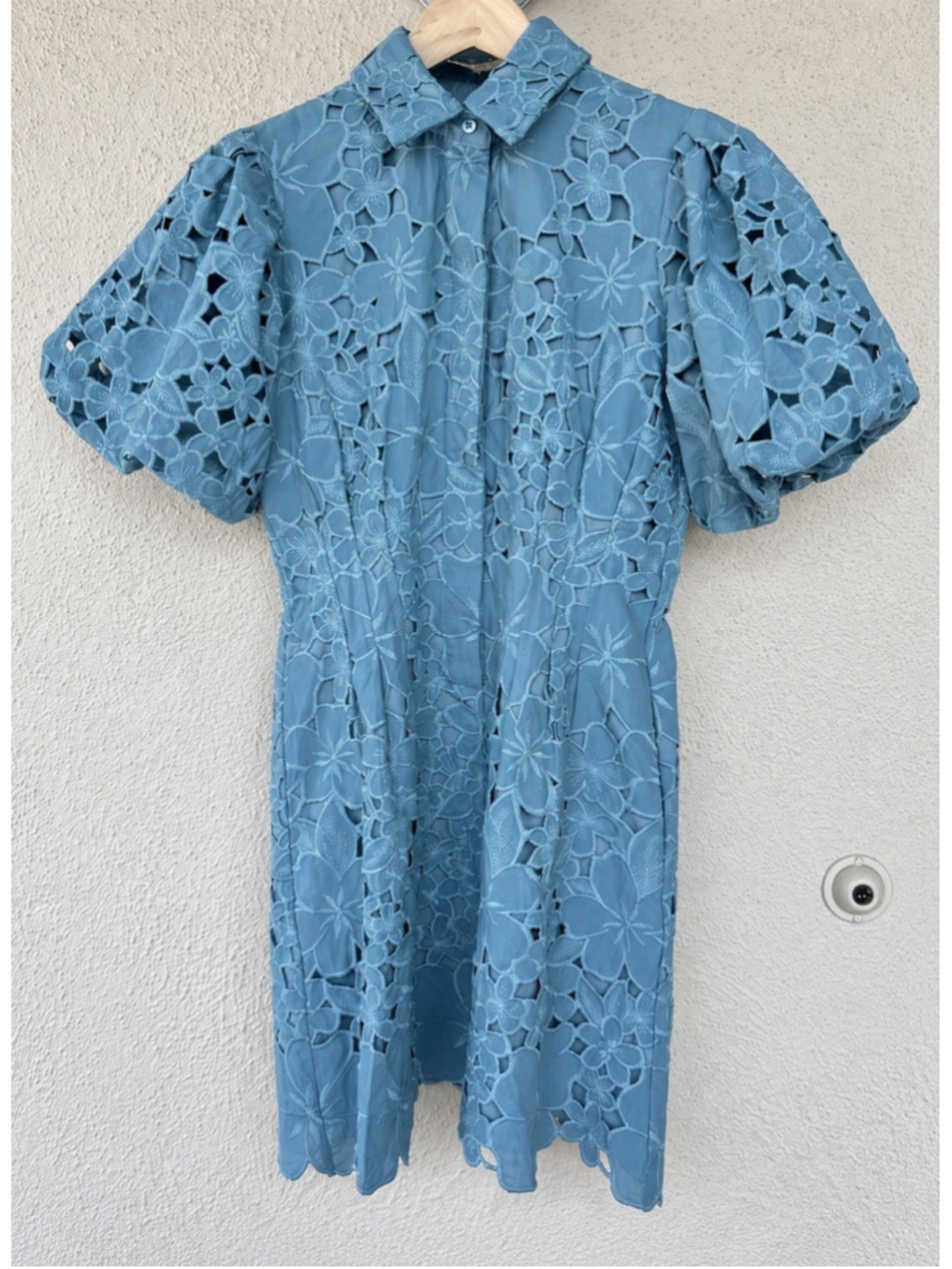 Tuckernuck Cameo Blue Collar Eyelet Mini Delaney Dress L Puff Sleeves Scallop - Picture 7 of 12